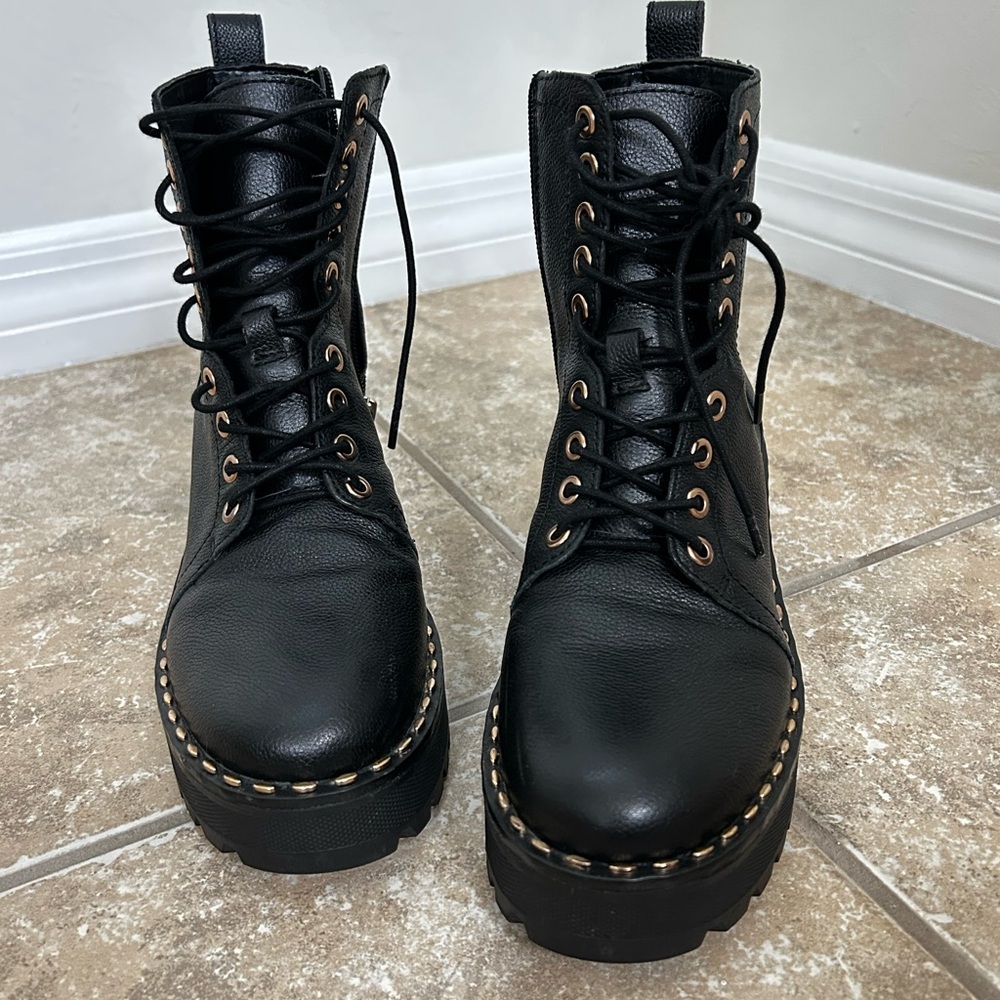 Vince Camuto Black Leather Combat Boots with Chunky Sole